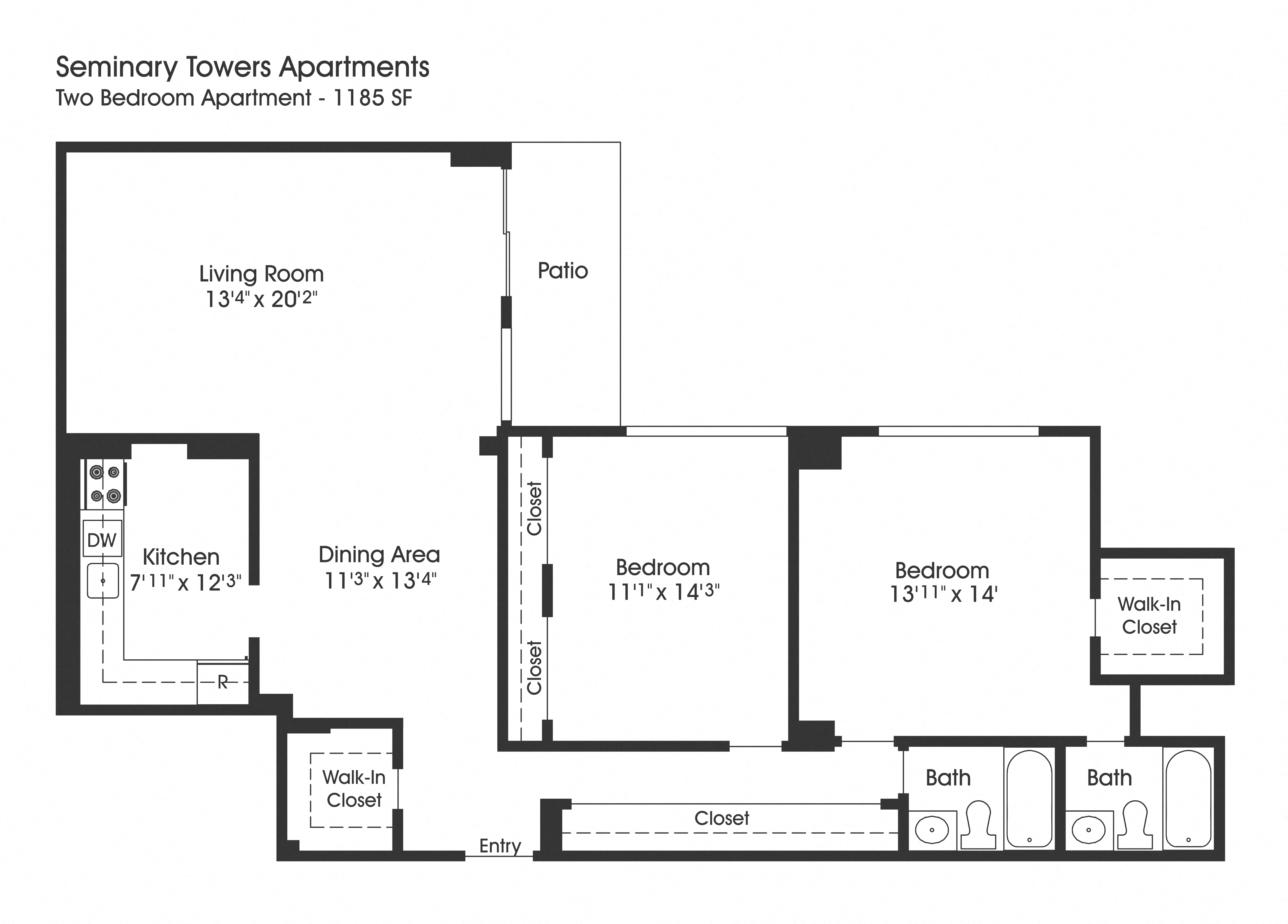 Floor plan for 2 beds, 2 baths, 1185 sqft